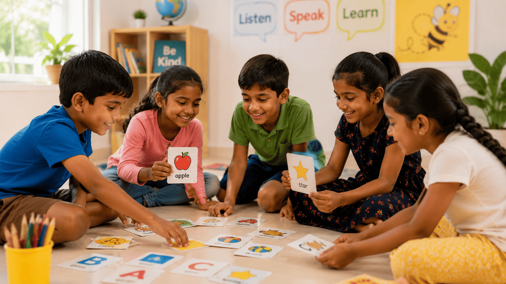 Children exploring learning cards at a table