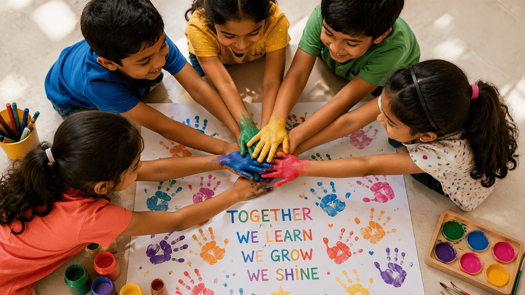 Children cheering with hands raised
